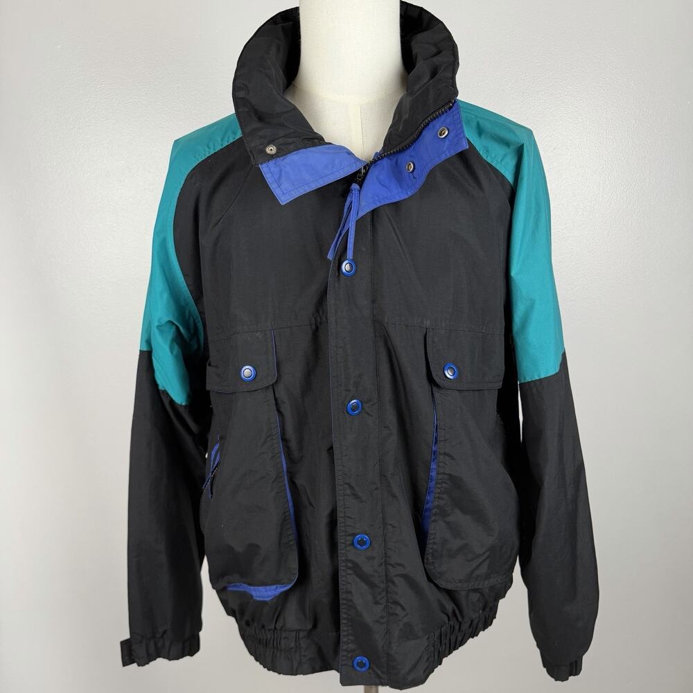 Vintage 90s Colorblock Nylon Jacket Men’s Large Black Teal Blue Windbreaker